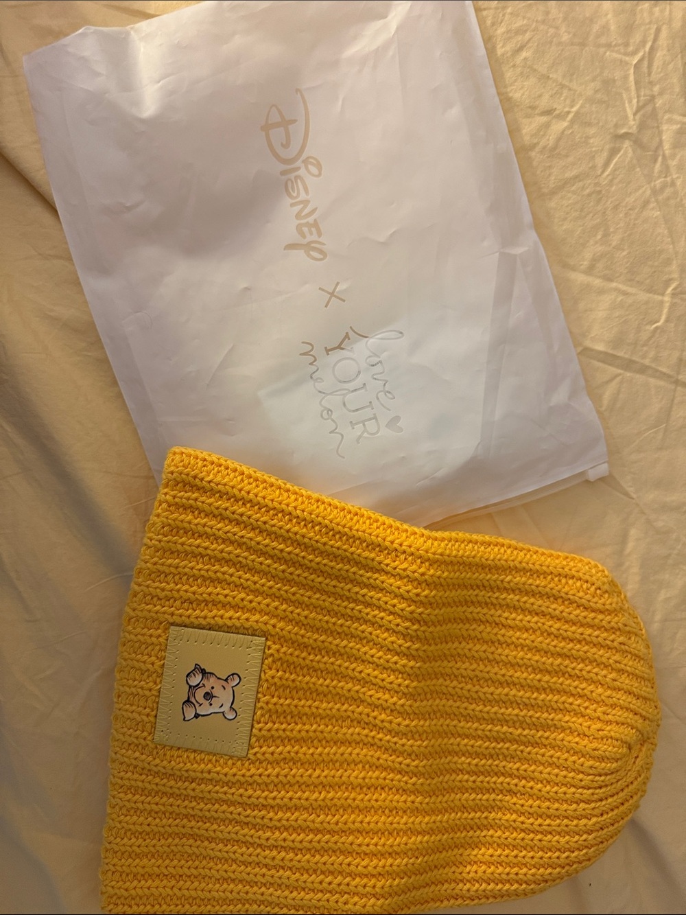 Disney x LYM Yellow Knit Beanie with Pooh Character Patch